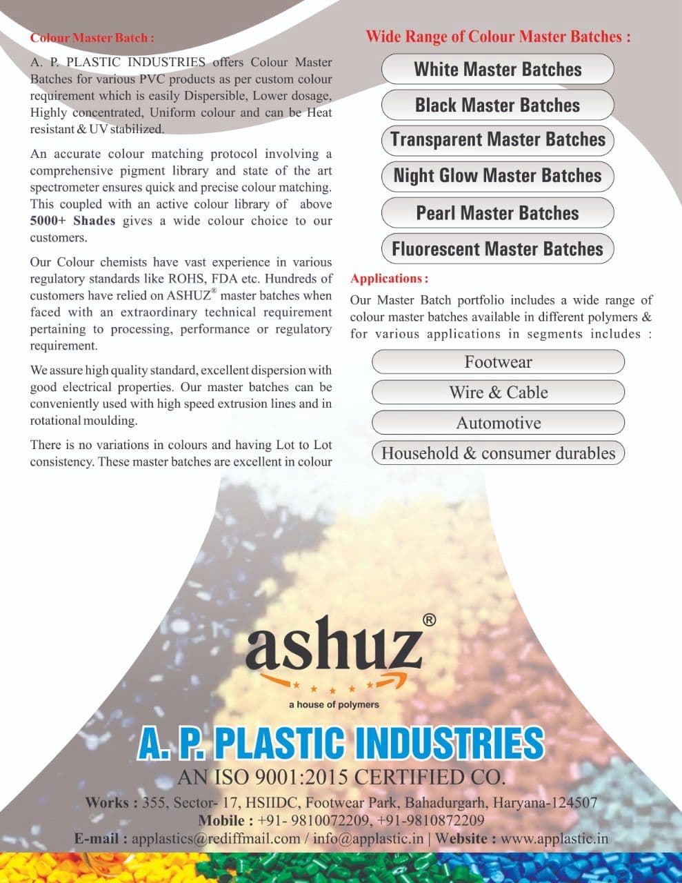 Ashuz catalogue page describing color masterbatch options