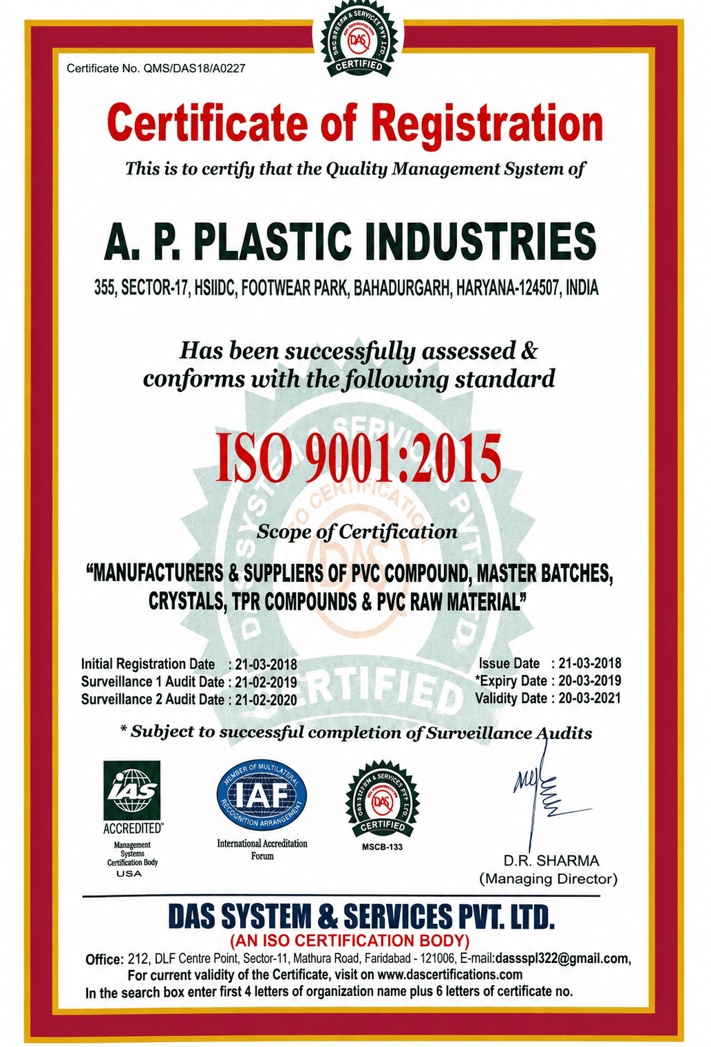 ISO 9001:2015 certificate of registration for A.P. Plastic Industries