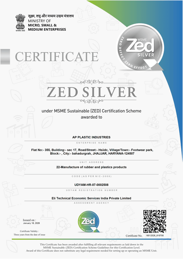 ZED Silver certificate awarded to A.P. Plastic Industries under India’s MSME Sustainable Certification Scheme