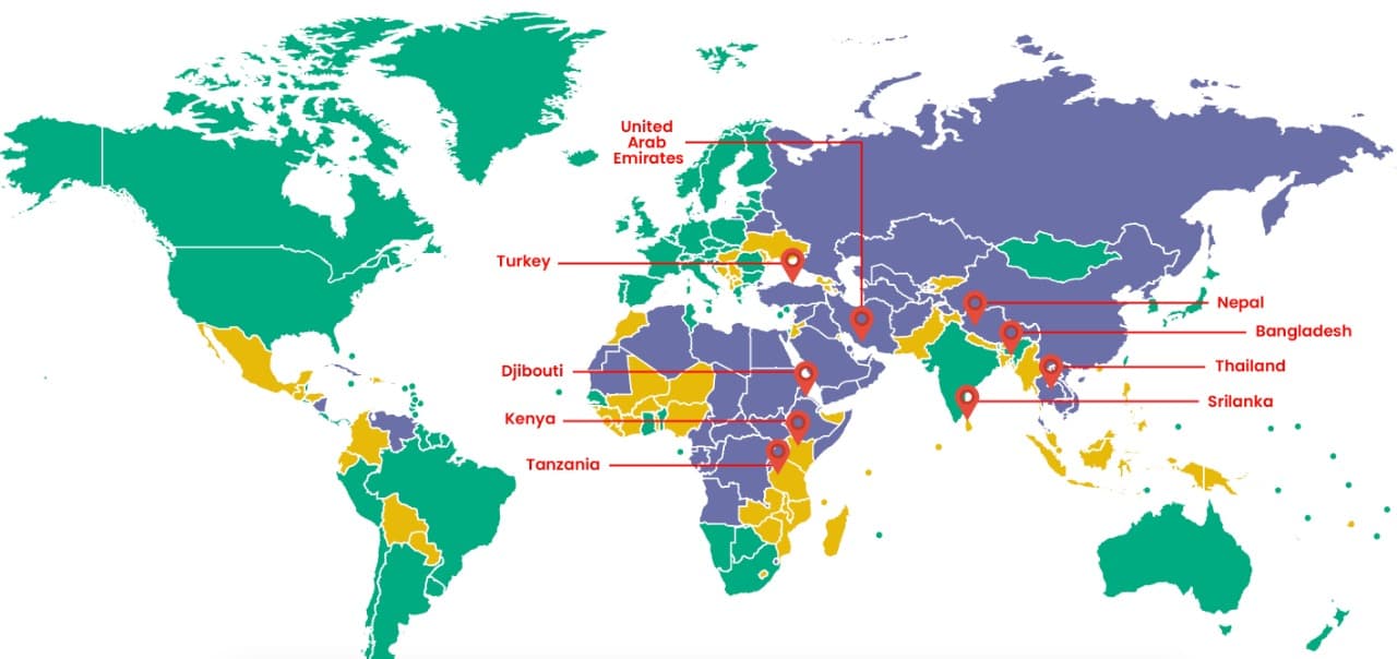 A.P. Plastic Industries export map highlighting markets including United Arab Emirates, Turkey, Djibouti, Kenya, Tanzania, Nepal, Bangladesh, Thailand, and Sri Lanka