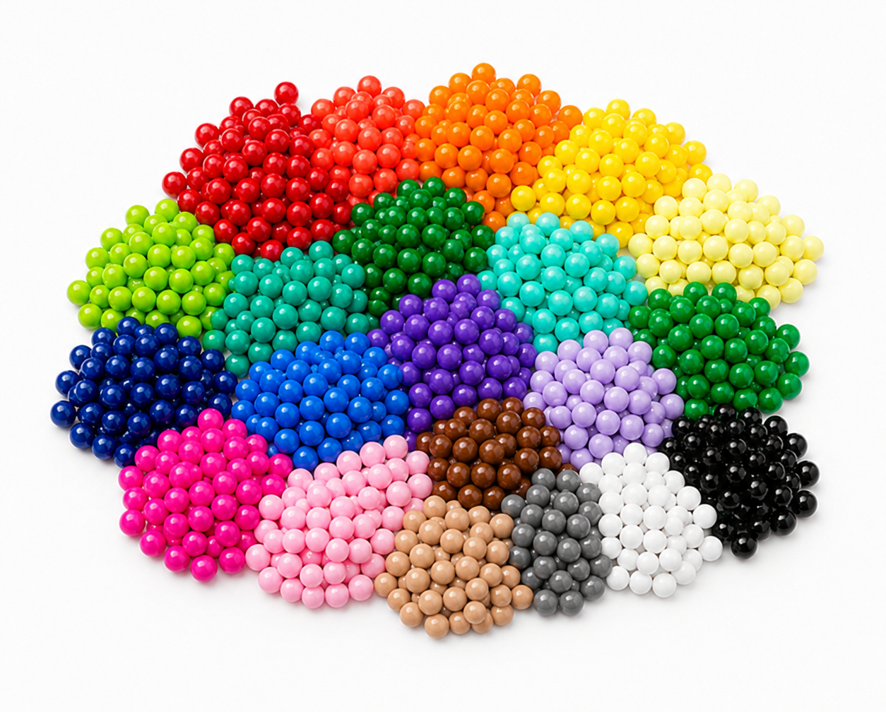 Color masterbatch pellets arranged in clustered shade groups