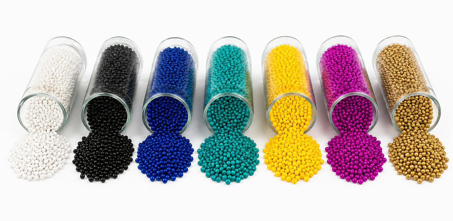 Color masterbatch pellets spilling from clear tubes in selected shades