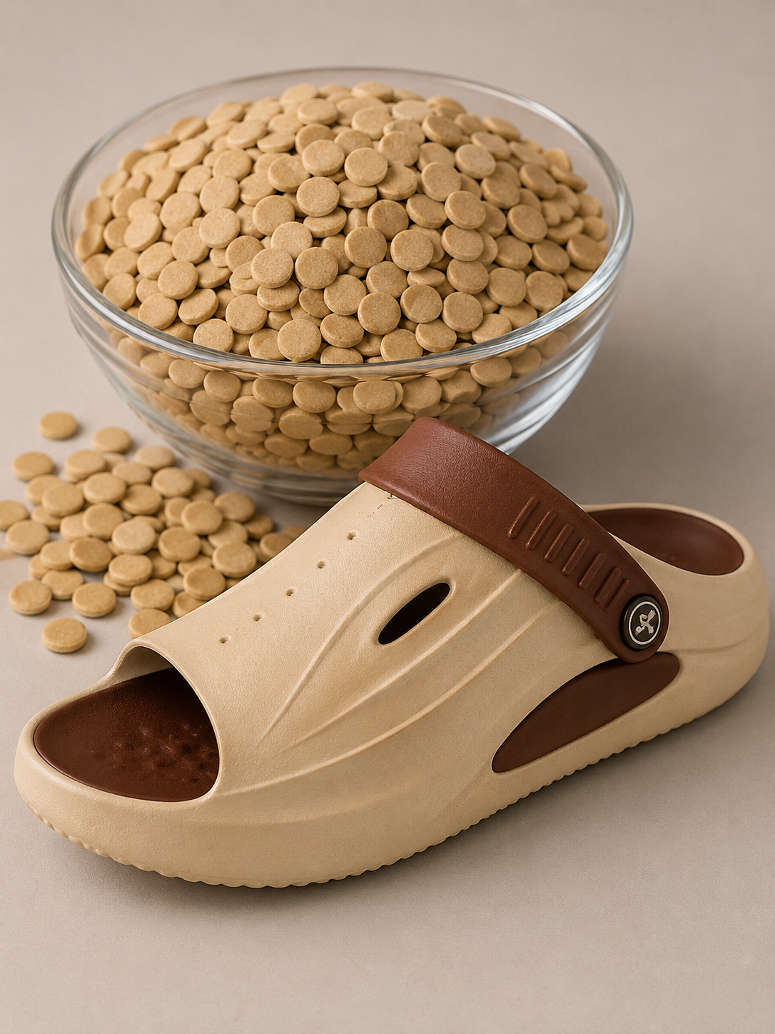 Beige and brown EVA sandal with compound pellets shown as a moulded footwear application