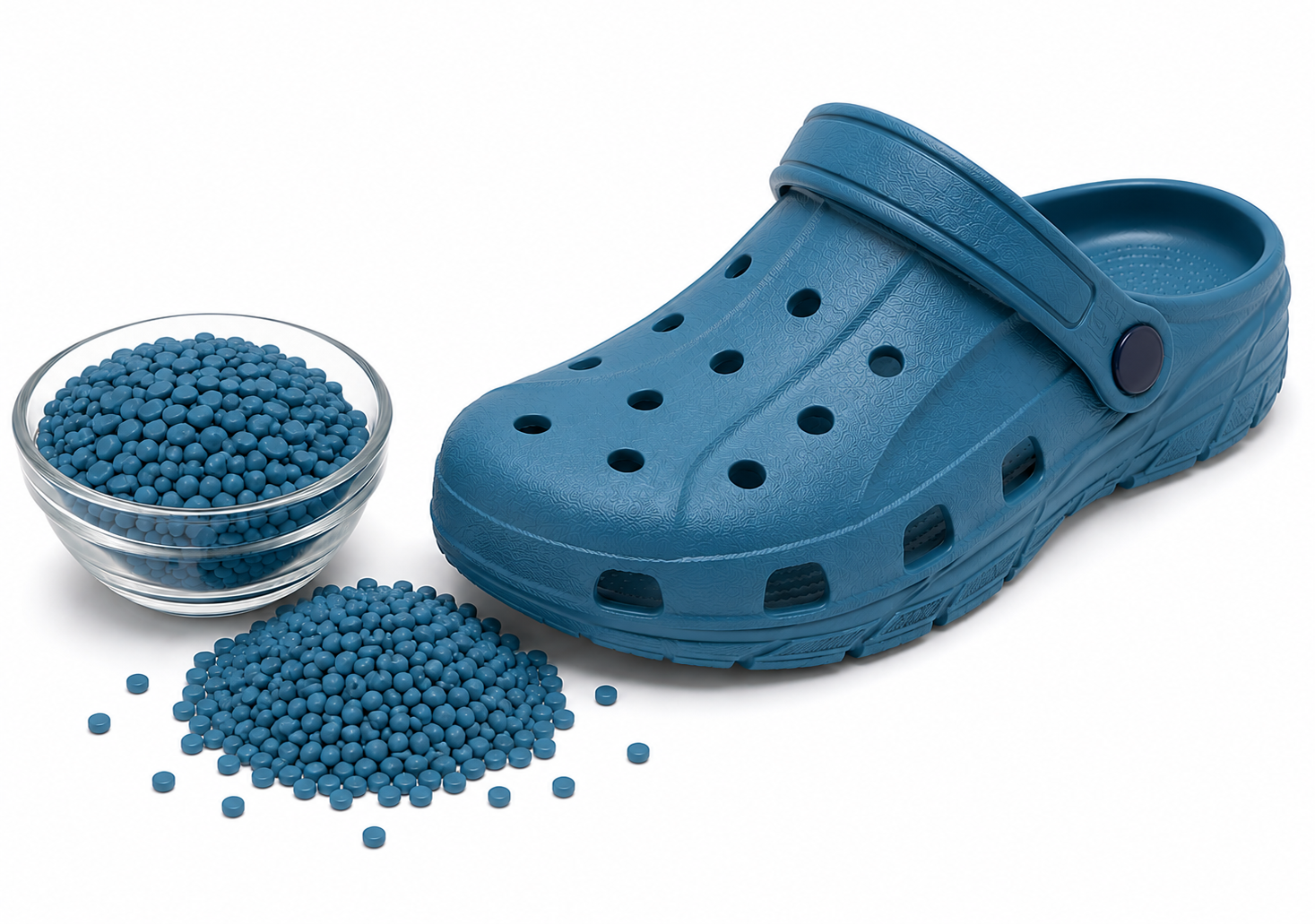 Blue EVA clog with matching compound pellets shown as a moulded footwear application