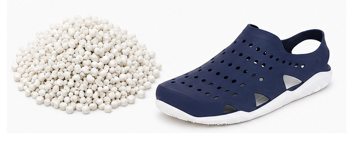 EVA compound pellets beside a blue moulded footwear clog
