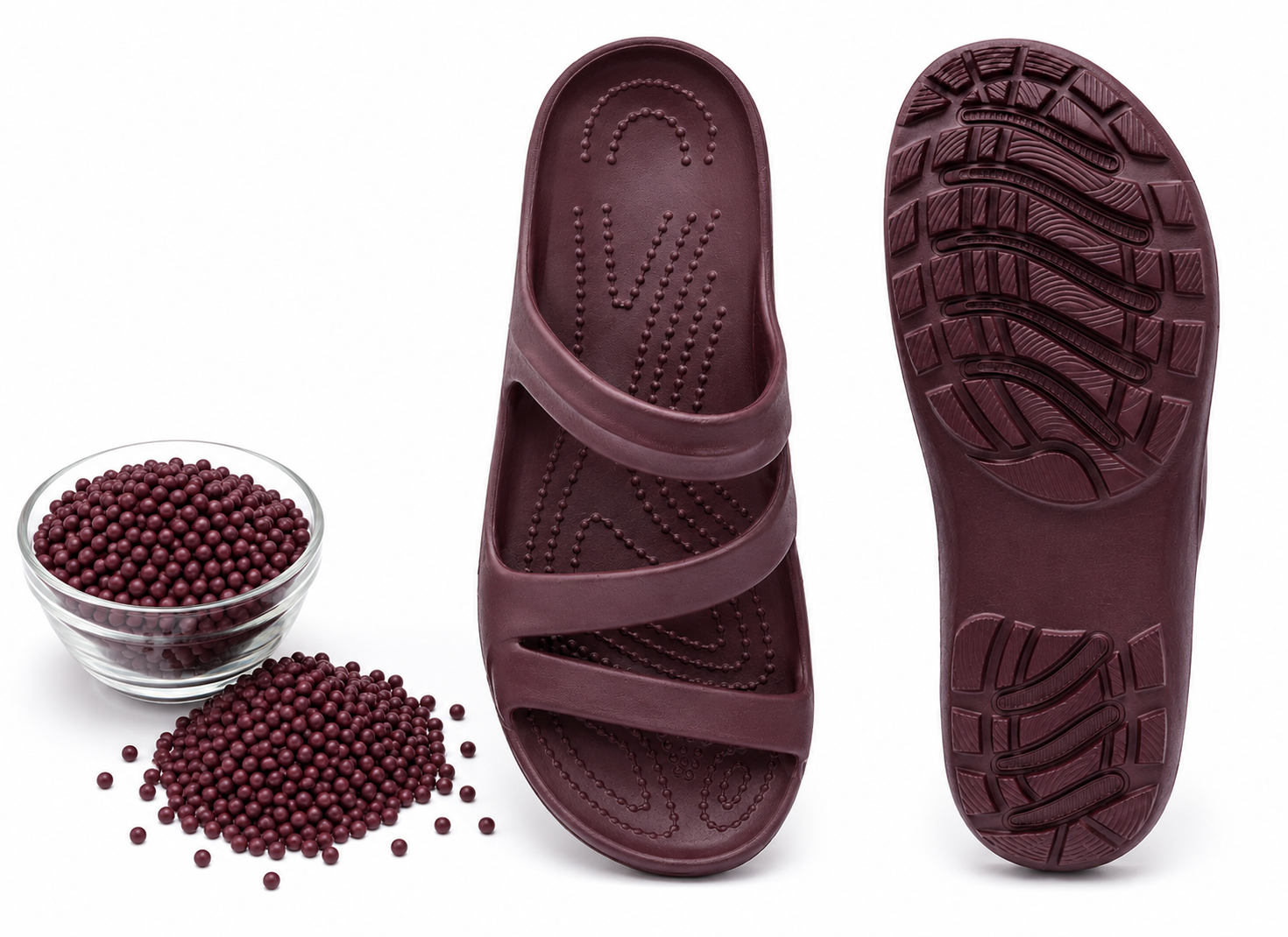 Maroon EVA sandal with matching compound pellets shown as a footwear application