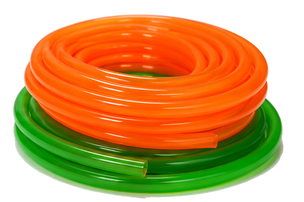 Orange and green PVC tubes coiled for flexible application reference