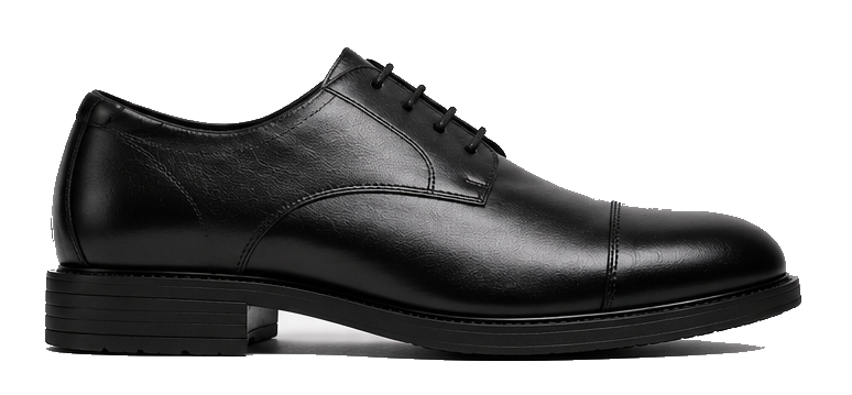 Black formal shoe shown as a rPVC Compound footwear application