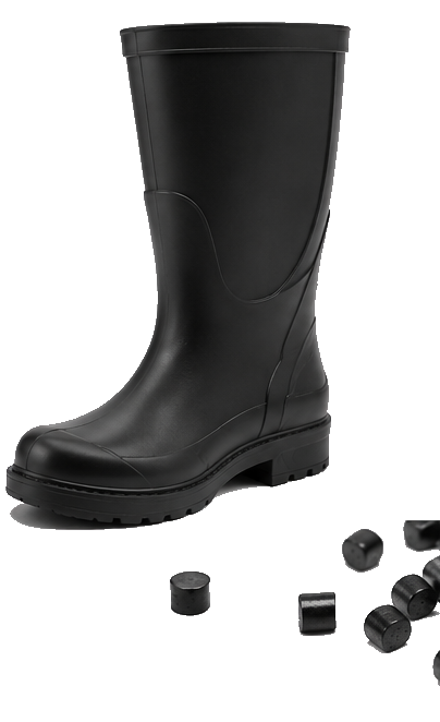 Black gumboot with compound pellets shown as a rPVC Compound application