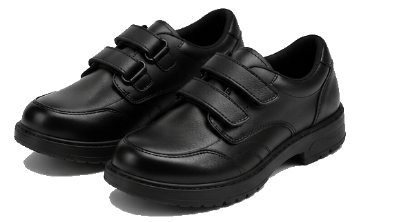 Black school shoes shown as a rPVC Compound footwear application