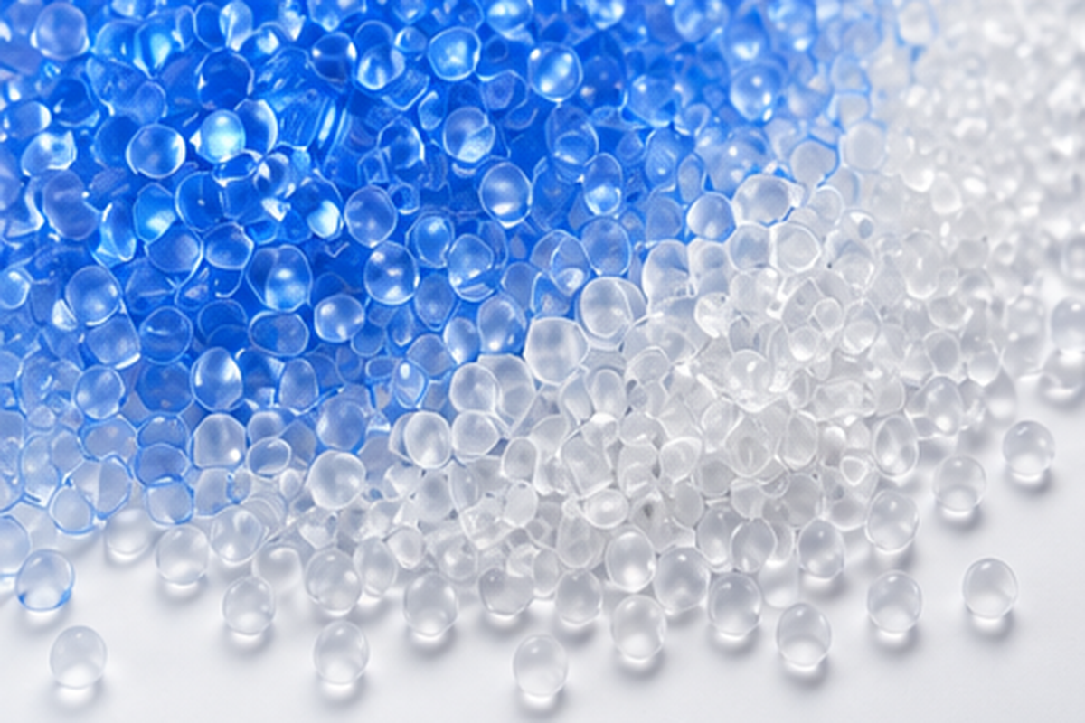 Blue and clear PVC granules shown in a close-up product material view