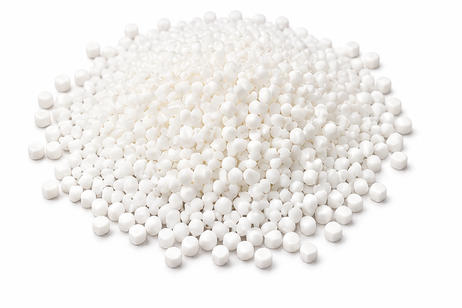 White PVC granules shown on a clean light surface as raw material reference